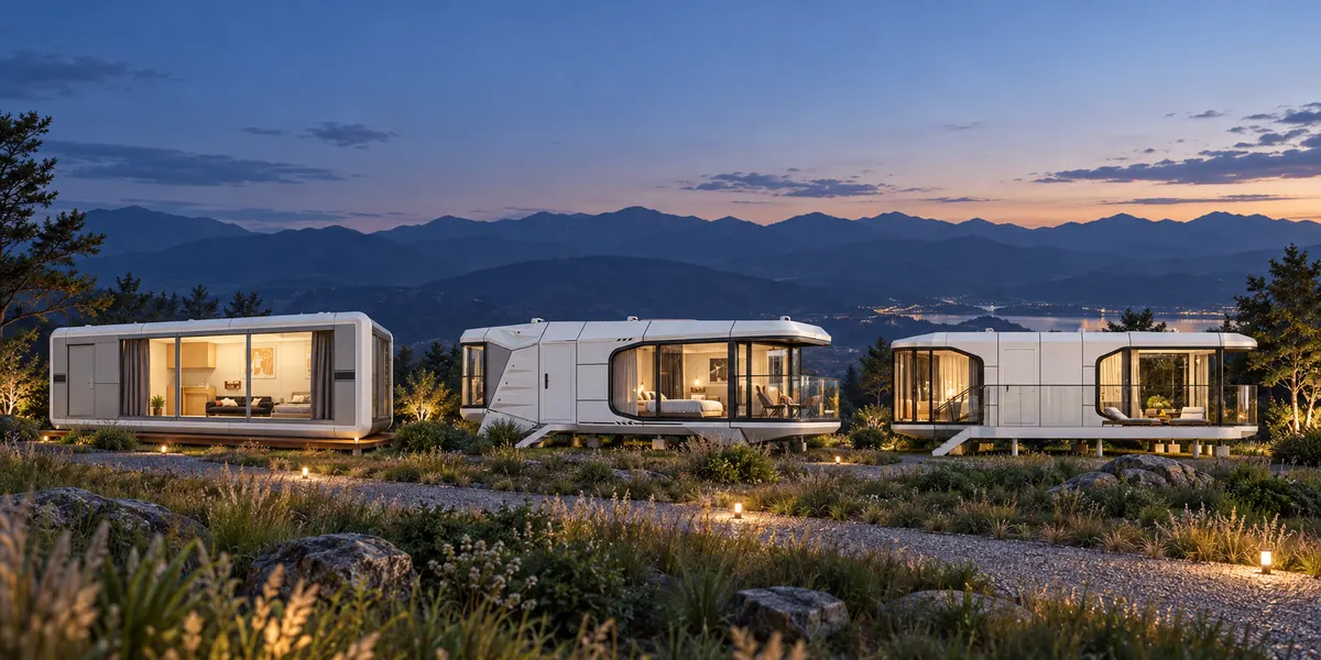 Three space capsule house models at dusk